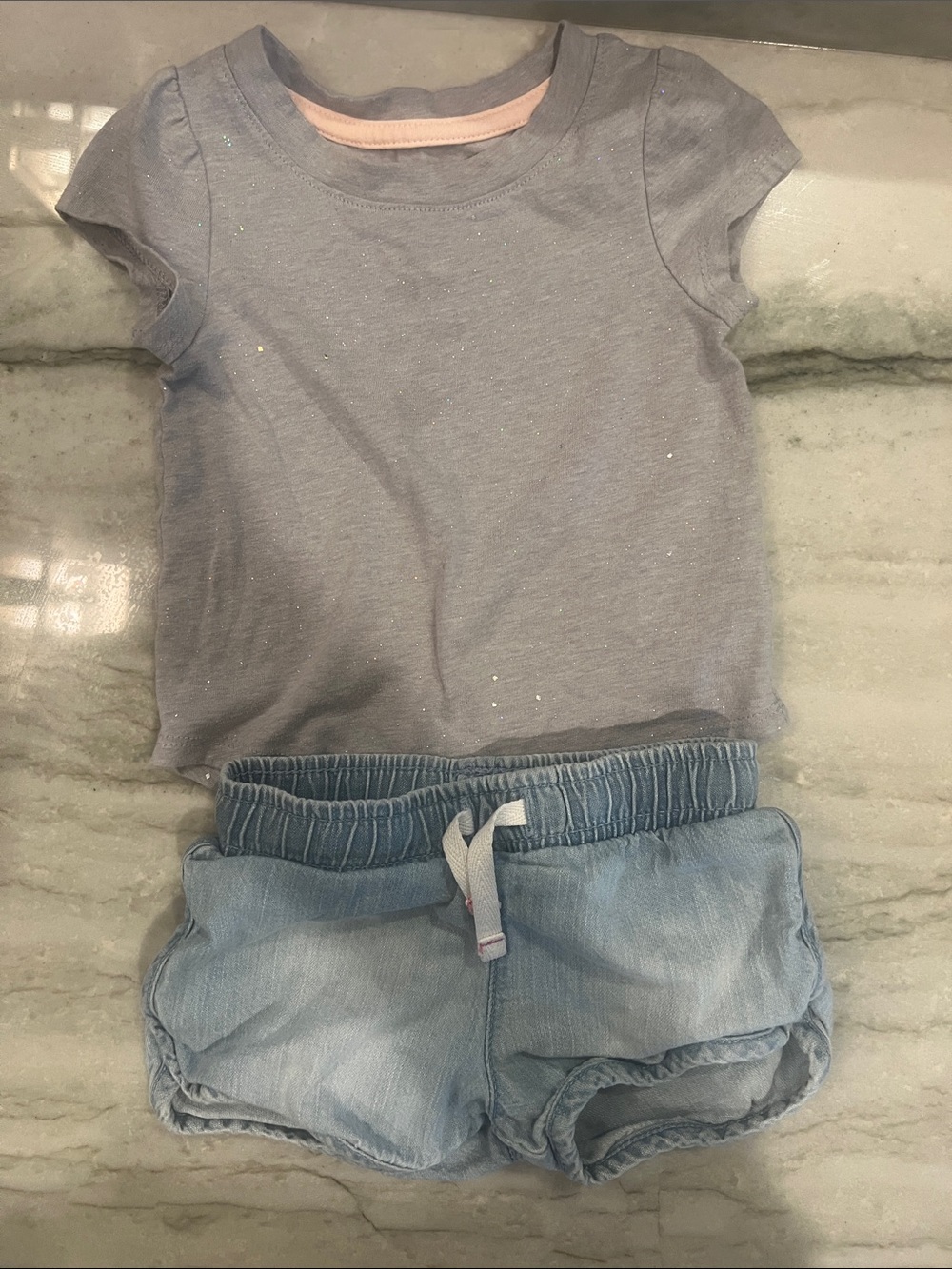 Cat & Jack Light Gray Sparkle Tee with Light Blue Denim Shorts 12 months EUC